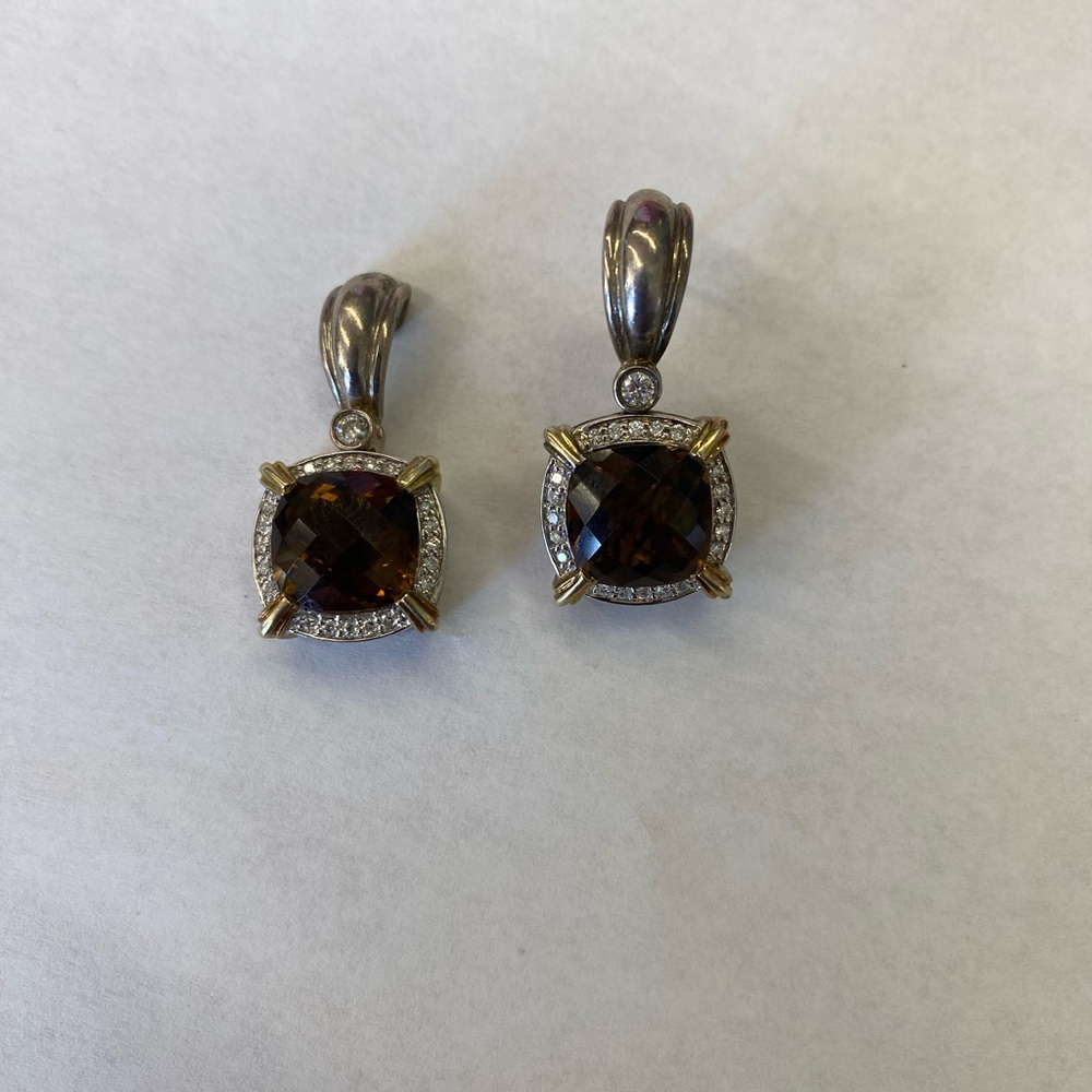Elegant Silver and Gold Earrings Smokey quartz and diamonds